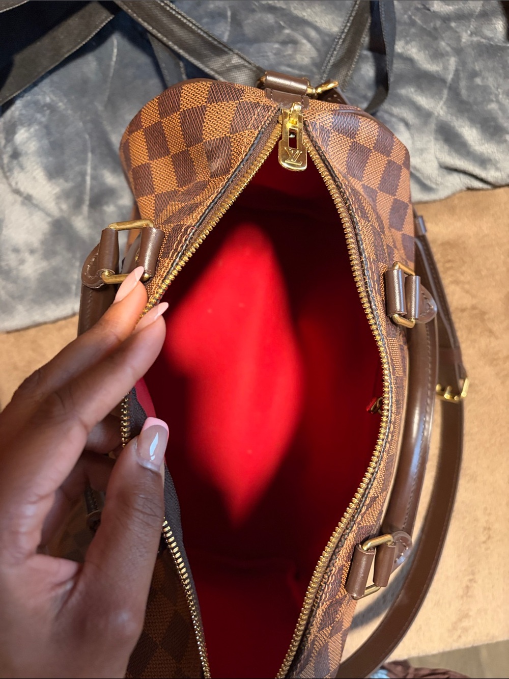Louis Vuitton Brown Damier Ebene Speedy Bandoulière with Pink Accent Scarf - Picture 6 of 16